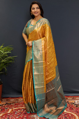 ALPENIKA Embellished Kanjivaram Jacquard, Silk Blend Saree(Gold)