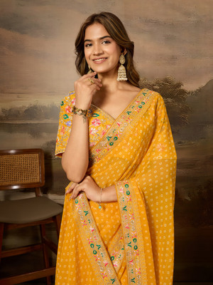 Clemira Printed, Embroidered Bandhani Georgette Saree(Yellow)