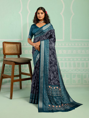 Anitya Printed Daily Wear Cotton Blend Saree(Dark Blue, Blue)