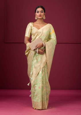 KOSKII Embroidered Bollywood Tissue Saree(Green)