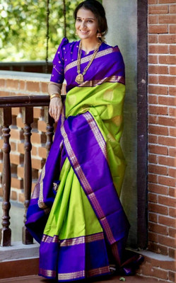 NIVACREATIONS Woven Banarasi Silk Blend Saree(Green, Purple)