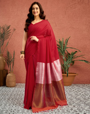 Satrani Embellished, Solid/Plain Bollywood Linen Saree(Red)