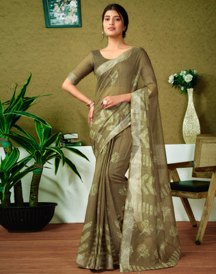 SIRIL Digital Print, Floral Print, Embellished Bollywood Linen Saree(Green)