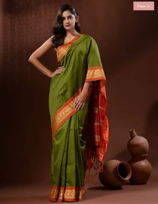 matri textile Color Block Handloom Cotton Silk Saree(Green)