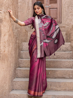 Tasrika Digital Print Hand Batik Tussar Silk Saree(Magenta)