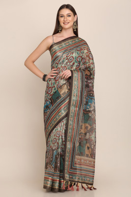 Sixsigma Printed Banarasi Linen Saree(Green)