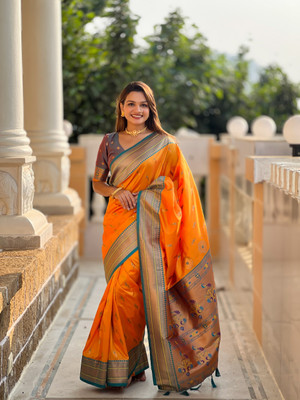 Divastri Woven Paithani Cotton Silk Saree(Orange)