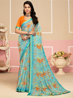 Divastri Floral Print, Geometric Print, Digital Print, Printed Bollywood Chiffon Saree(Light Blue)