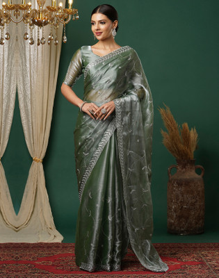 Satrani Embellished, Embroidered Bollywood Tussar Silk Saree(Green, Silver)