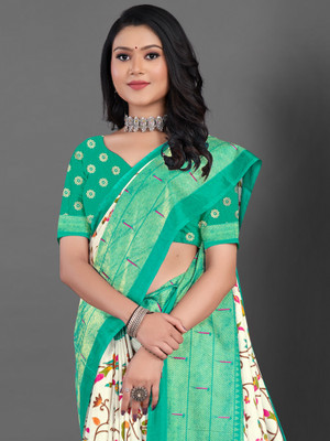 Sareemall Printed Daily Wear Silk Blend Saree(White)