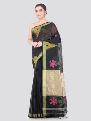 PinkLoom Woven Handloom Cotton Blend Saree(Black)