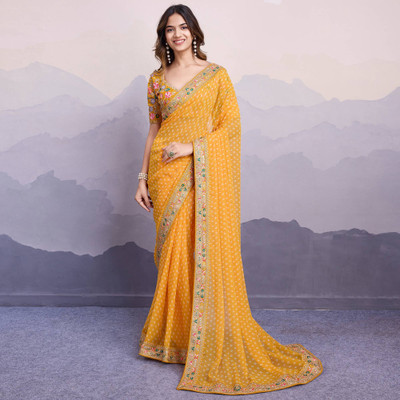 RK Creation Self Design Bandhani Georgette Saree(Mustard)