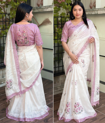 Sarthi Fashion Embroidered, Floral Print Bollywood Cotton Linen Saree(White)