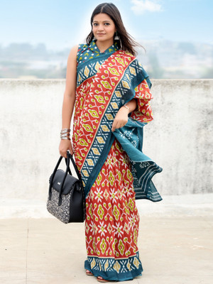 Sareemall Printed Ikkat Cotton Blend Saree(Red, Orange)