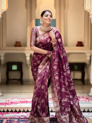 HouseOfCommon Striped Banarasi Pure Silk Saree(Purple)