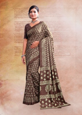 Jaanvi Fashion Printed Daily Wear Cotton Silk Saree(Brown)