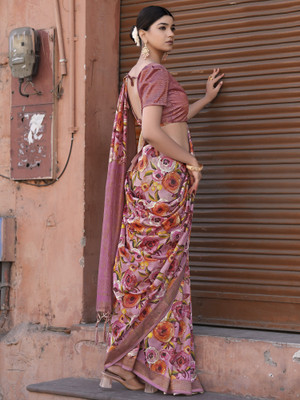 Divastri Printed Paithani Linen Saree(Purple)