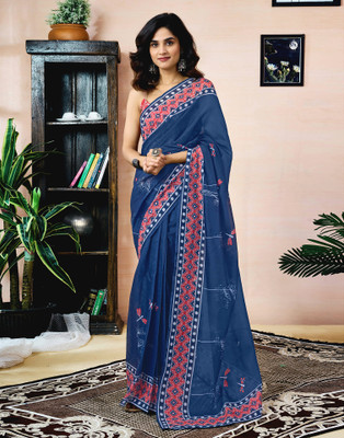 Samah Printed Bollywood Chanderi, Cotton Blend Saree(Multicolor)