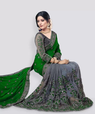 VKARAN Embroidered Bollywood Net Saree(Green)