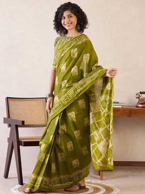 Anouk Rustic Printed Pre Draped Saree Cotton Blend Saree(Light Green)
