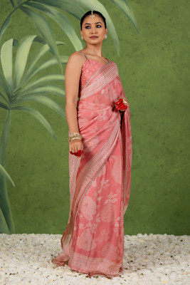 MIRCHI FASHION Printed, Floral Print Bollywood Chiffon, Georgette Saree(Orange, White)