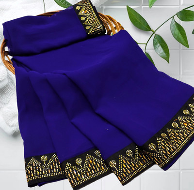 pari creation Solid/Plain, Embellished, Self Design Bollywood Georgette Saree(Blue)