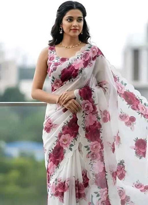 Million Brands Embellished, Digital Print Daily Wear Cotton Linen, Pure Cotton Saree(White)