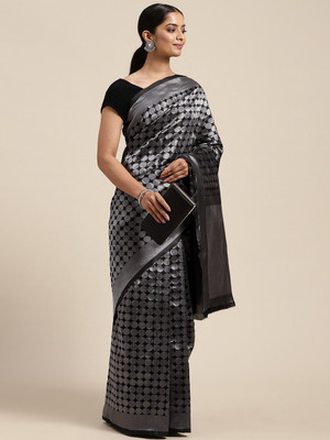 Saanjh Embellished Saree with Attached Blouse Silk Blend Saree(Black)