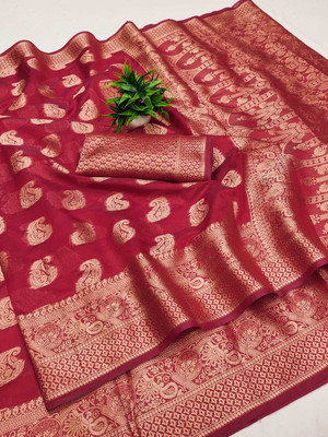 DHARM CREATION Self Design Banarasi Jacquard Saree(Red)