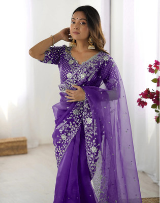 Satrani Embroidered, Embellished Bollywood Organza Saree(Purple)
