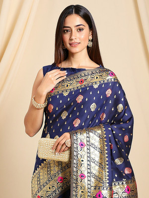 Sareemall Woven Banarasi Silk Blend Saree(Dark Blue)
