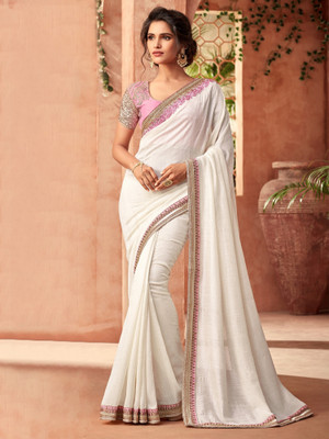 Sareemall Embroidered, Solid/Plain Bollywood Chiffon Saree(White)