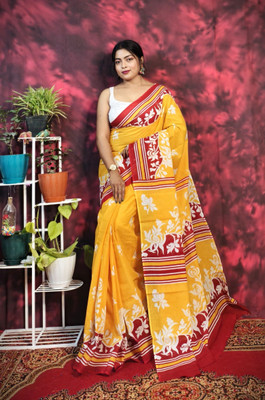 SARATHITEXTILE Color Block Hand Batik Cotton Blend Saree(Yellow)