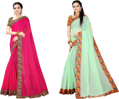 manish Printed Chanderi Cotton Blend Saree(Pack of 2, Magenta, Light Green)