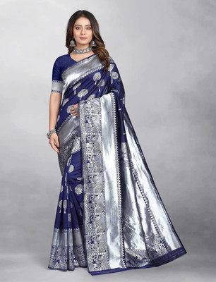 Om Creation Self Design Banarasi Polyester Saree(Dark Blue)