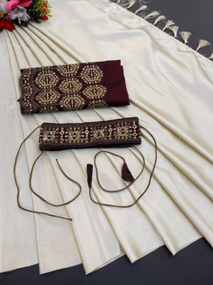 BELLETRENDZ Solid/Plain, Embellished Bollywood Satin Saree(Beige)