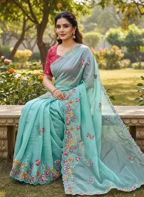 Sariya Embroidered, Embellished Bollywood Organza, Silk Blend Saree(Light Blue)