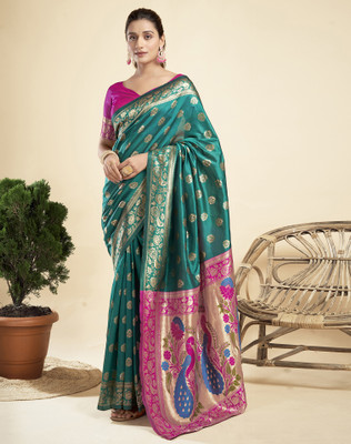 SIRIL Self Design, Woven Paithani Silk Blend Saree(Blue, Magenta)