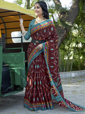 Tasrika Printed Ikkat Cotton Blend Saree(Brown)