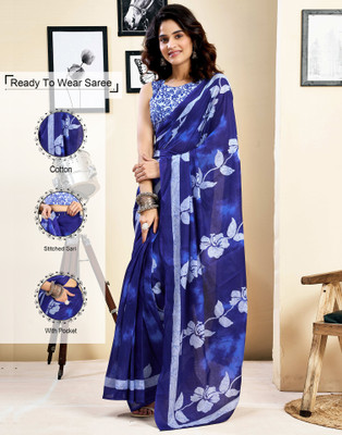 Samah Floral Print, Geometric Print, Printed Daily Wear Pure Cotton Saree(Dark Blue, White)
