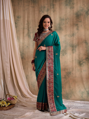 Sangria Embroidered Kalamkari Silk Blend Saree(Green)