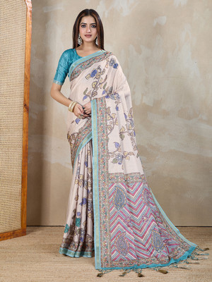 DOI MOI Embellished, Printed Bollywood Silk Blend Saree(White)