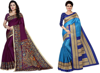 Grubstaker Printed Bollywood Cotton Blend Saree(Pack of 2, Multicolor)