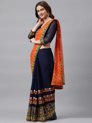 Divastri Solid/Plain Daily Wear Georgette Saree(Orange, Dark Blue)