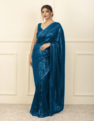 MudhurHandWork Embellished Bollywood Georgette Saree(Light Blue)