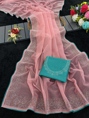 JENNYFEB Embellished Bollywood Supernet Saree(Pink)