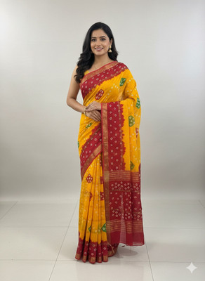 SHREECOLLECTION Printed Daily Wear Pure Cotton Saree(Red, Yellow)