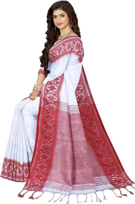 GOLU Woven Bollywood Handloom Cotton Blend Saree(White)
