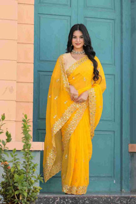 Devkacreation Embroidered Bollywood Georgette Saree(Yellow)