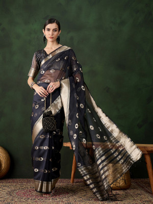 Sangria Woven Saree with Attached Blouse Organza Saree(Dark Blue)
